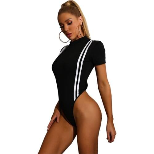 Sexy Bodysuit Women Summer Half-high Collar Short Sleeve Striped Patchwork Female Casual Skinny One Piece Suit Bottoming Shirt