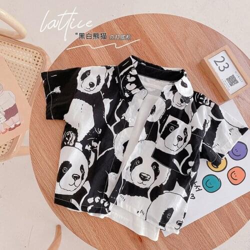 Fashion Panda Animal Print Kids Shirt Clothes Spring Thin Blouses Clothing Infant Boy Plaid Cotton Tops 1 2 3 4 5 Years T Shirt
