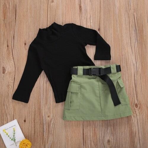 2020 Kids Baby Girls Fashion 3Pcs Outfit Set Long Sleeve Half Turtleneck Top Ribbed Solid Shirt + Work Skirt+Belt Set