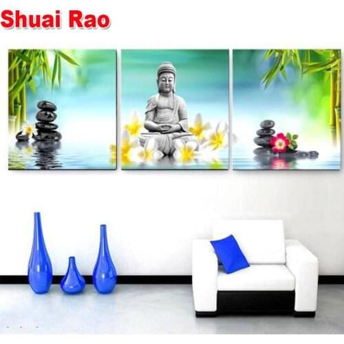 3 piece Diamond painting Buddha flower stone water zen square cross stitch Diamond Embroidery full round drill Triptych wall art