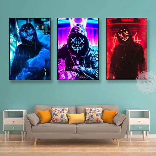 Fictional Character Poster Neon Mask Wall Art Prints Living Room Bedroom Lounge Game Room Bar Cafe Decorative Canvas Painting
