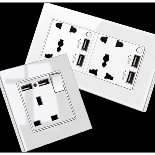 UK Standard White Glass Wall Switch Wall Socket 1Gang 2Gang 3Gang 4Gang 1Way 2Way TV Computer Doorbell CAT6 Computer Socket