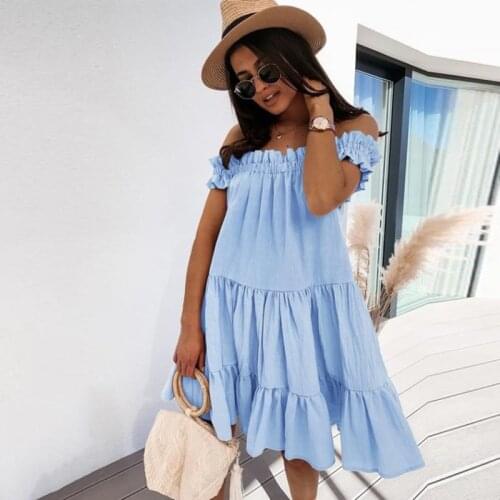 Slash Neck Ruffles Midi Dress Summer 2021 Women Elegant Short Sleeve Casual White Dress Loose Clothes Sexy Off Shoulder Vestidos