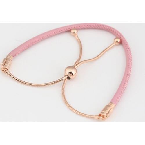 Authentic S925 Silver Rose Sliding Clasp Pink Leather Bracelet for Women Girl Lady Gift