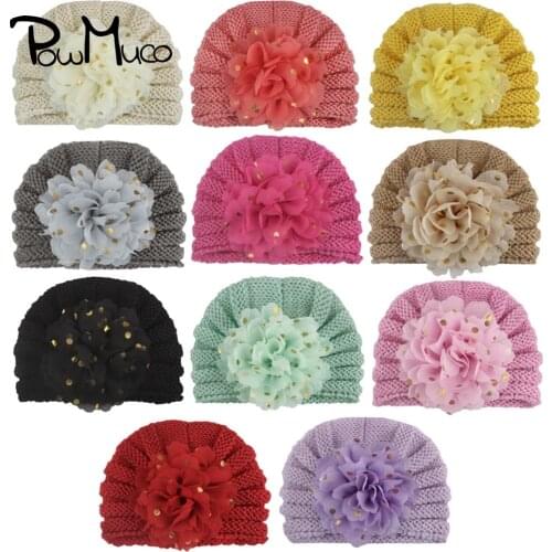 Powmuco 17*13 CM Comfortable Soft Knitting Wool Infant Hat Cute Golden Dots Flowers Toddler Cap Warm Children Beanie Photo Props