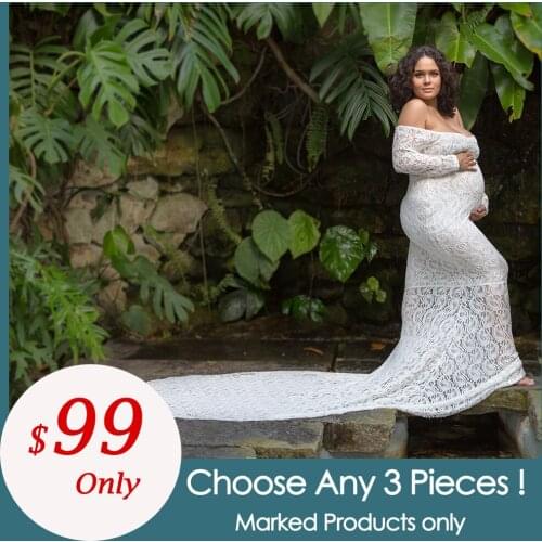 3pcs/lot Stretch Lace Maternity Dress Maxi Long Sleeves Dress Pregnant Dress Maternity Photography Accessories Baby Shower Gown