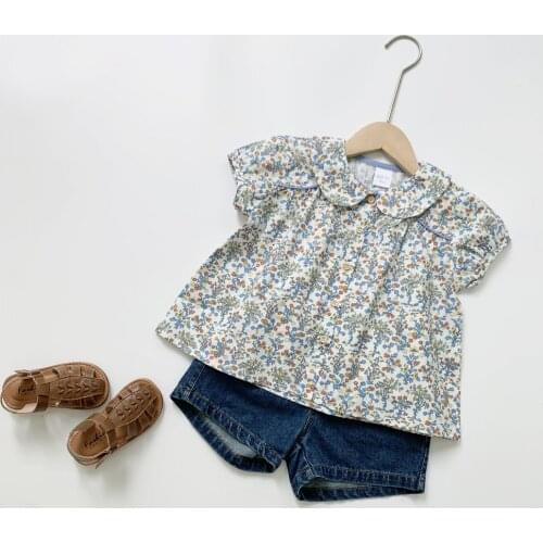 Summer New Korean Style Baby Girls Floral Printed Shirts Short Sleeve Tops Toddlers Children Cute Blouses