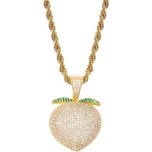 Lucky Sonny Mens Pendant Gold Rose Filled Iced-Out Silver Color Peach Charm Necklace With Stainless Steel Chain Hip Hop Jewelry