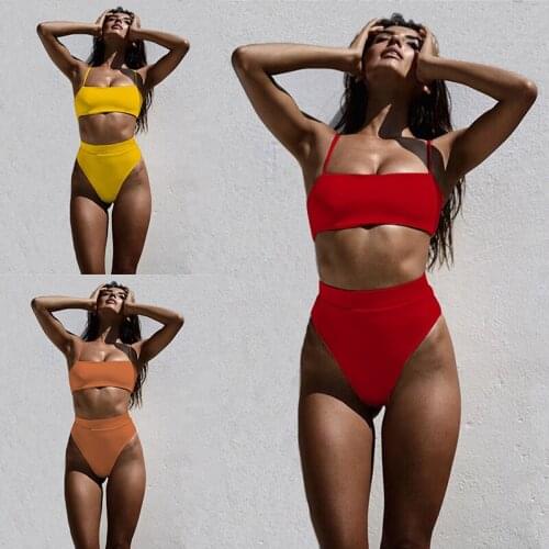 Sexy Bikinis Solid Push Up Bikini 2020 Hot Sale Padded Bra Straps High Waist Swimsuit Female Swimwear Women Biquini