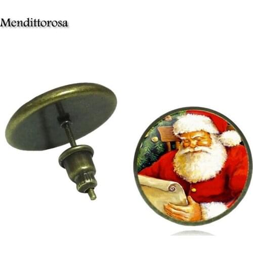 Mendittorosa Cat and Santa Jewelry With Plated Glass Cabochon Bronze/Silver/Golden Clip Ear Hook Stud Earrings