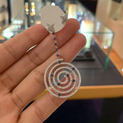 SOELLE 925 Sterling Silver Asymmetrical Star Spiral Mandala Earrings Blue Cubic Zirconia Stones Women Brand Designer Jewelry