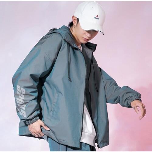 Long Sleeved Reflective jacket men/women harajuku windbreaker print jackets hooded hip-hop streetwear night shiny zipper coats