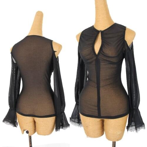 Latin Dance Tops Sexy Perspective Black Lace Sleeve Shirt Women Practice Clothing Samba Rumba Ballroom Dancing Costume DNV14130