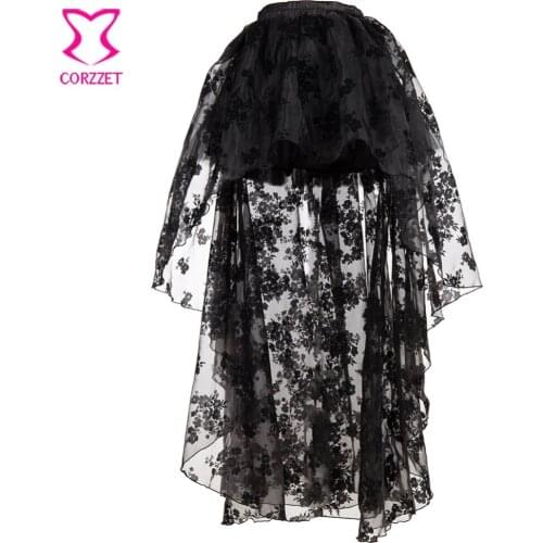 Victorian Black Floral Chiffon Lace Asymmetrical Steampunk Skirt Gothic Clothing Skirts Women Vintage Sexy Clubwear Plus Size