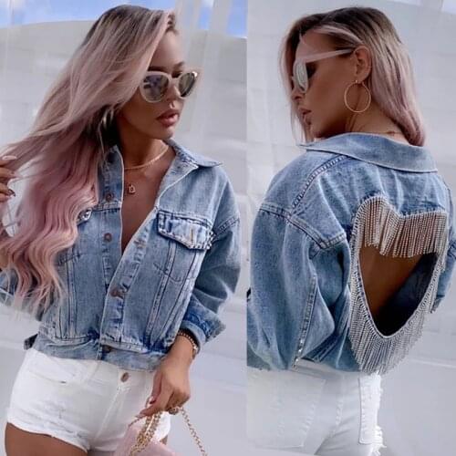 2021 Women Denim Jacket Light Blue Back Hollow Heart-Shaped Diamond Tassel Short Coat Single-Breasted Autumn Fashion Clothing