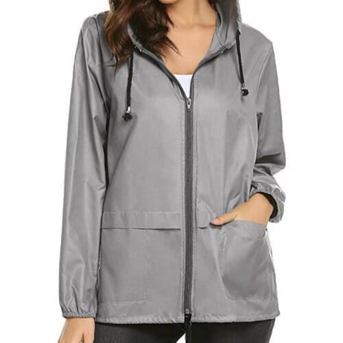 Women Windbreaker Jacket Basic Style Zipper Pockets Casual Solid Long Sleeve Hooded Wind Jacket Outdoor Waterproof Rain Coat