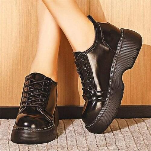 Military Punk Goth Womens Genuine Leather Round Toe Platform Ankle Boots Chunky Casual Increasing Height Lace Up Oxfords