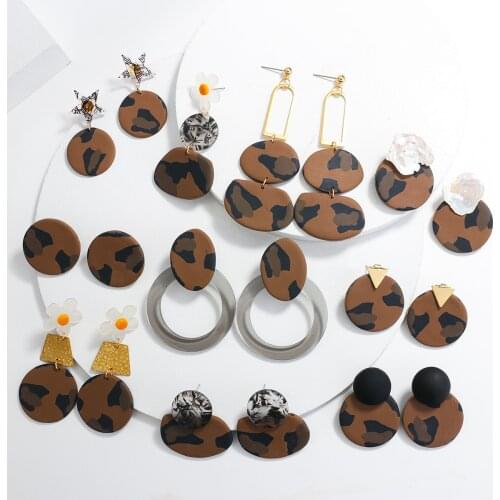 AENSOA 2021 Leopard Geometric Layered Metal Polymer Clay Drop Earrings For Women Trendy Earring Pendant Party Jewelry Gifts