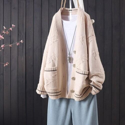 New autumn and winter knitted cardigan womens solid color casual long-sleeved loose buttoned sweater with v-neck top