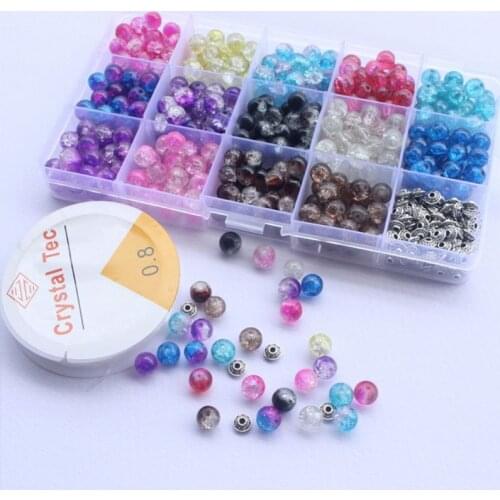 350Pcs 14 Color Crackle Glass Beads with 50Pcs Silver Spacers String DIY Jewelry F3MF