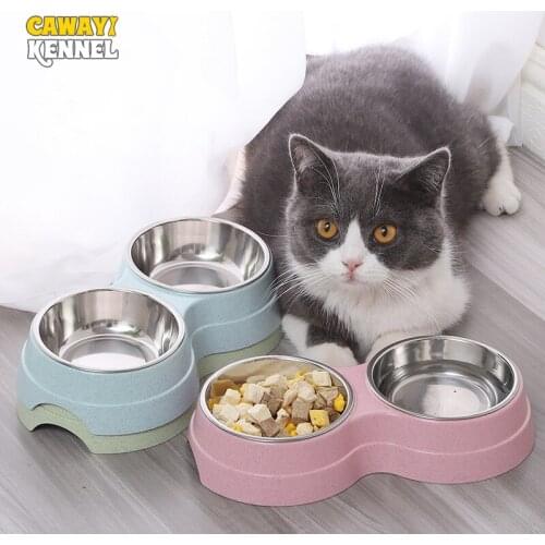 CAWAYI KENNEL Dog Feeder Drinking Bowls for Dogs Cats Pet Food Bowl Solid Round Two-in-one Plastic Stainless Steel Bowl D2028