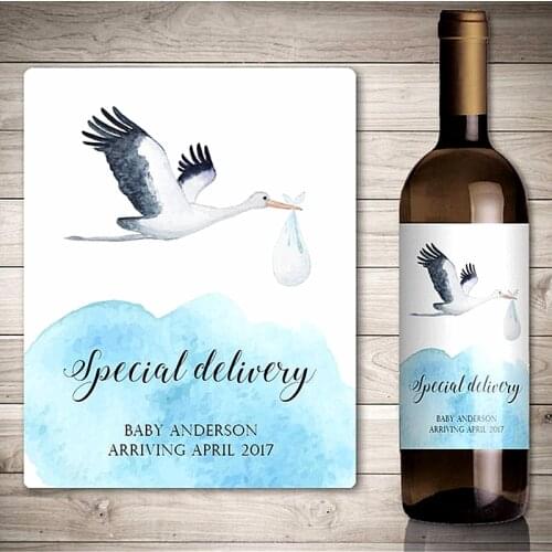Custom Photo Pregnancy Announcement Wine Label,Personalise Stork Carrying a Baby Bottle Stickers,Special Delivery Bless The Baby