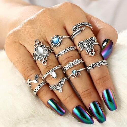 12Pcs/Set Boho Vintage Silver Color White Blue Rhinestone Leaf Flower Elephant Set Ring For Womens Party Girls Jewelry Gifts