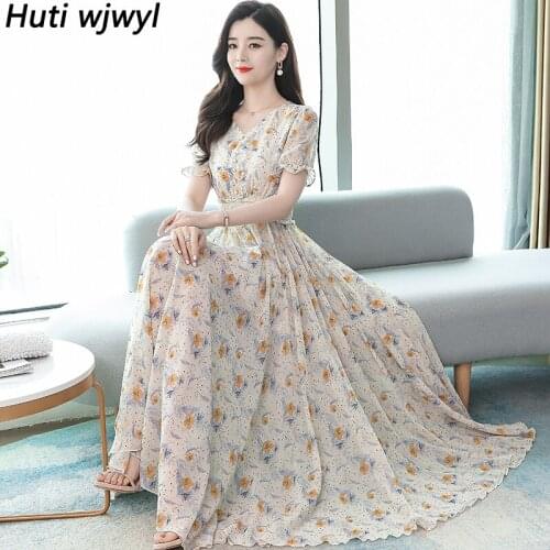 Summer Plus Size Vintage Long Sundress Women Elegant Bodycon Party Vestidos 2021 New Casual Floral Chiffon Boho Beach Maxi Dress