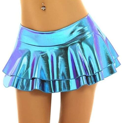 Plus Size Laser Color Mini Skirt Ladies Sexy Summer Clubwear Holographic Double Layer Skater Skirt Low waist Dancing Bottoms
