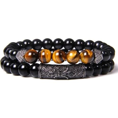 New 2pcs Men Bracelet Natural Tiger Eye Stone Beads Energy Bracelet Fashion Pave CZ Metal Charm Ball Bead Bracelet Jewelry Homme