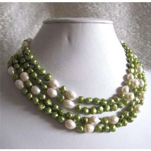 New Originality 66" 5-9mm White Green Baroque Rice Freshwater Pearl Necklace