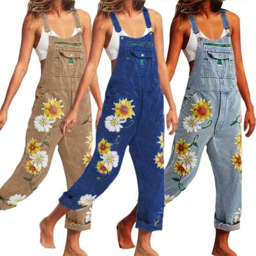 50% New Arrival ！！！Women Casual Bib Overall Dungarees Sunflower Print Pockets Denim Loose Overalls