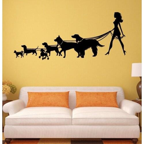 New Arrived Woman Walking Dogs Silohuette Vinyl Wall Murals Home Livingroom Art Decor Cute Lovely Wall Stickers Decal Wm-243