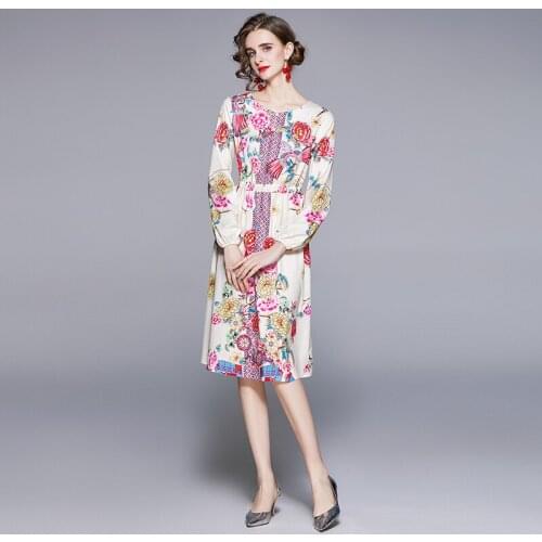Fashion Designer Summer Dress Women Puff Sleeve Flower Print Ladies Elegant Elastic Waist Party Dress Vestidos K1807