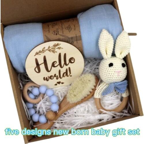 100% Organic Cotton Muslin Towel Bath Brush Set Toy Rattle Teether Milestone Newborn Baby Gift Sets