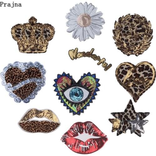 Prajna Leopard Stripes Heart Sequined Patch Crown Eyes Wonderful Beauty Sew On Patches Fabric Patch Garment Stickers Decor F