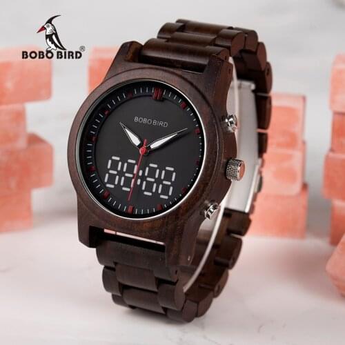 BOBO BIRD Luxury Men Wooden Watches Digital and Quartz Pointer Dual Display Wristwatches Timepiece erkek kol saati In Gift Box