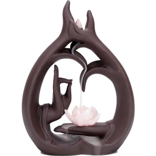 Buddha Hand Backflow Incense Burner Smoke Waterfall Lotus Flower Stick Incense Holder Meditation Ceramic Aromatherapy Censer