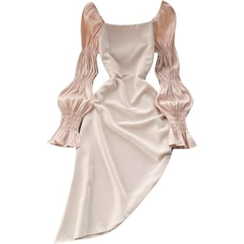 WIGADFHK 2021 Fall New Dress Women Fashion Elegant Puff Sleeve Pure Color Mini Party Dress