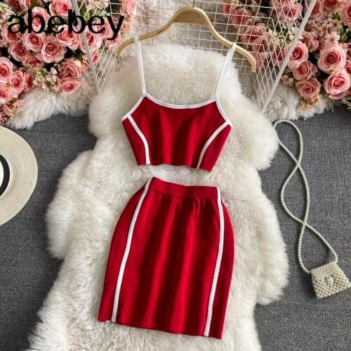 Women Summer Korean Suits V Neck Off Shoulder Zipper Strap Short Tops+High Waist A-line Mini Skirt Two Piece Set