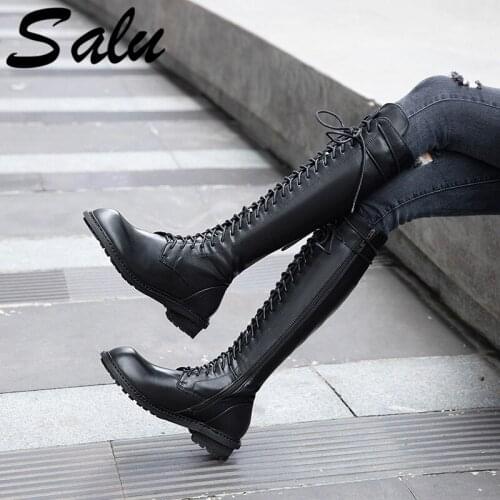 Salu Autumn Winter round Toe Casual Knee High Boots Cow Leather Middle Heel Fashion Zipper Women Shoes Size 34-39