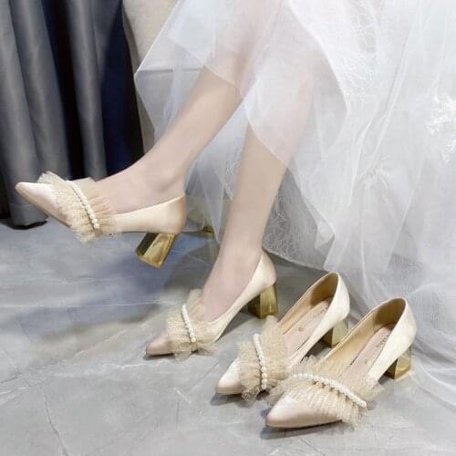 New ladies single shoes summer pearl net yarn pointed square heel temperament high heels exquisite bridesmaid shoes