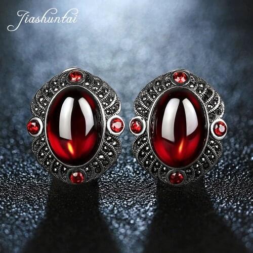 JIASHUNTAI Vintage Garnet Gemstones 100% 925 Sterling Silver Clip Earrings For Women Retro Fine Jewelry