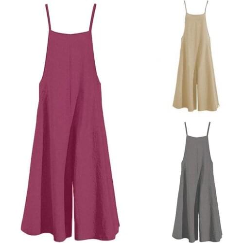 Summer Women Jumpsuit Vintage Solid Color Mid Waist Jumpsuit Wide Leg Summer 2021 Shoulder Strap Side Pockets Romper monos mujer