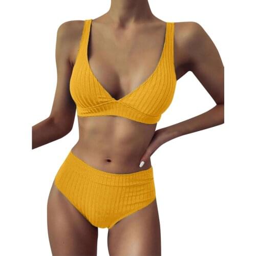 Women Solid Deep V Bikini Set Push Up High Cut Hight Waist Halter Separate Swimwear Set Two Piece Female Swimsuit ropa mujer