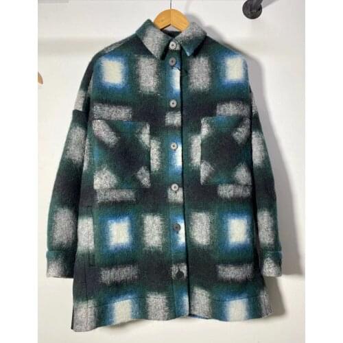 Winter Wool Blend Jacket with Shirt Collar Oversized Tops Front Buttons Drop Shoulder Long Sleeves Chest Pocket