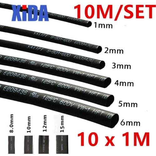 10m/set Black 2:1 Heat Shrink Tubing Tube Black Cable Wire Sleeving Wrap 1mm 2mm 3mm 4mm 5mm 6mm 8mm 10mm 12mm 15mm