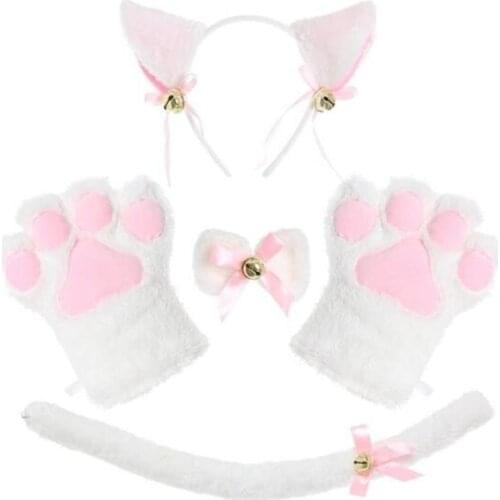 2021 Cat Cosplay Costume Set Kitten Tail Ears Collar Paws Gloves Kit for Halloween Accessory Hairwear Hairband Ears Neko Fantasy