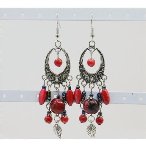 Irregular Retro New Style Red Beads Jewelry Tibetan Silver Long Tassel Earrings Women Accessories Christmas Party Gifts M332
