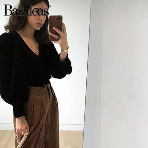 Bazaleas Fashion blusas mujer de moda 2019 Retro Velvet Black Center Bow Bandage Tie Women blouseVintage Hollow Out women tops